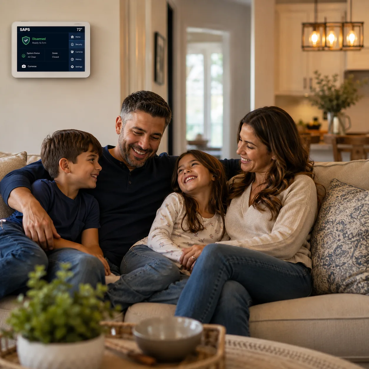 A family of four laughing together on their living-room sofa, with a SAPS security panel on the wall behind them reading Disarmed, Ready to Arm