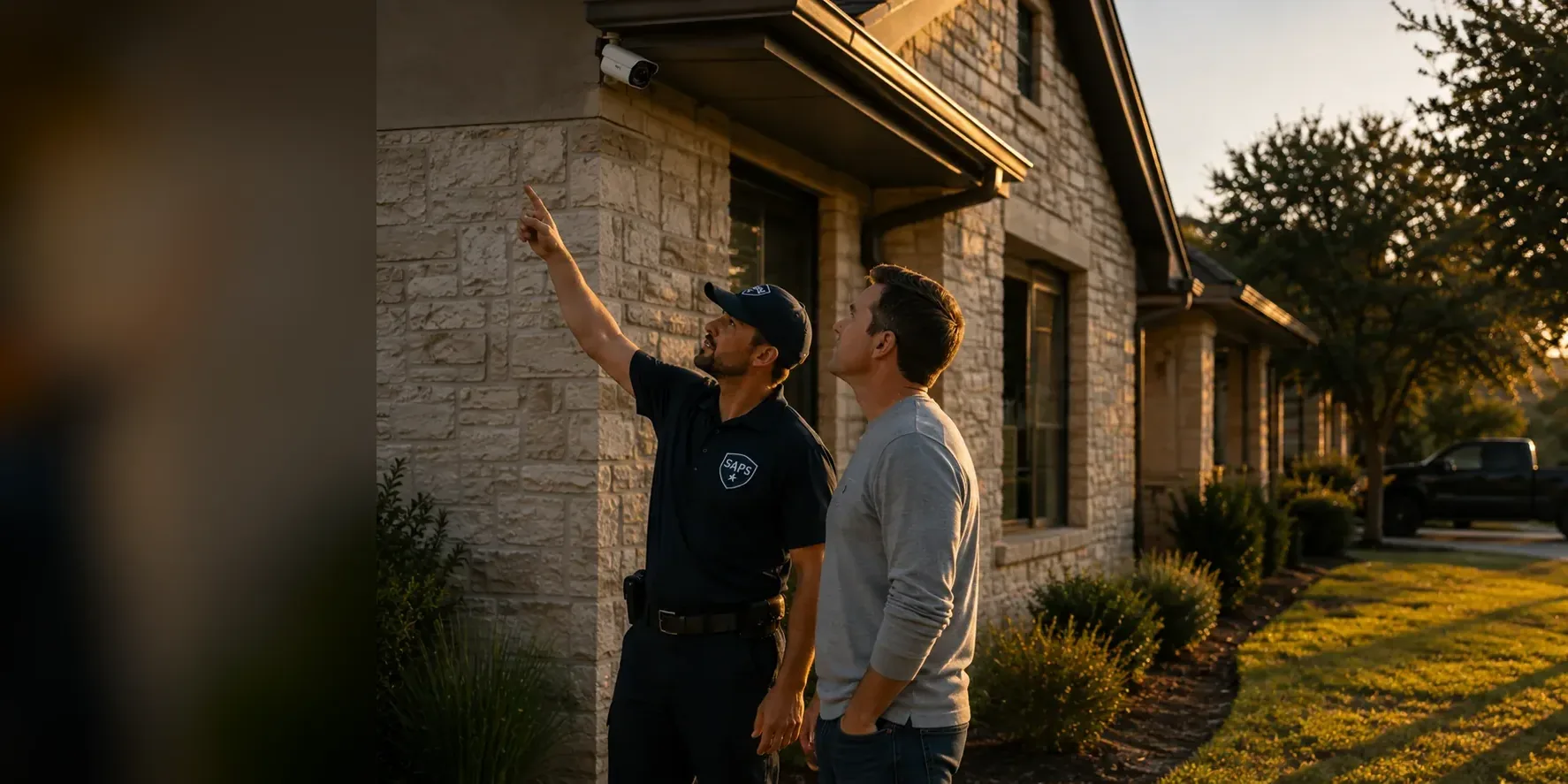 A SAPS technician pointing up at a security camera mounted too high under the eave of a limestone Texas home while the homeowner follows his gesture