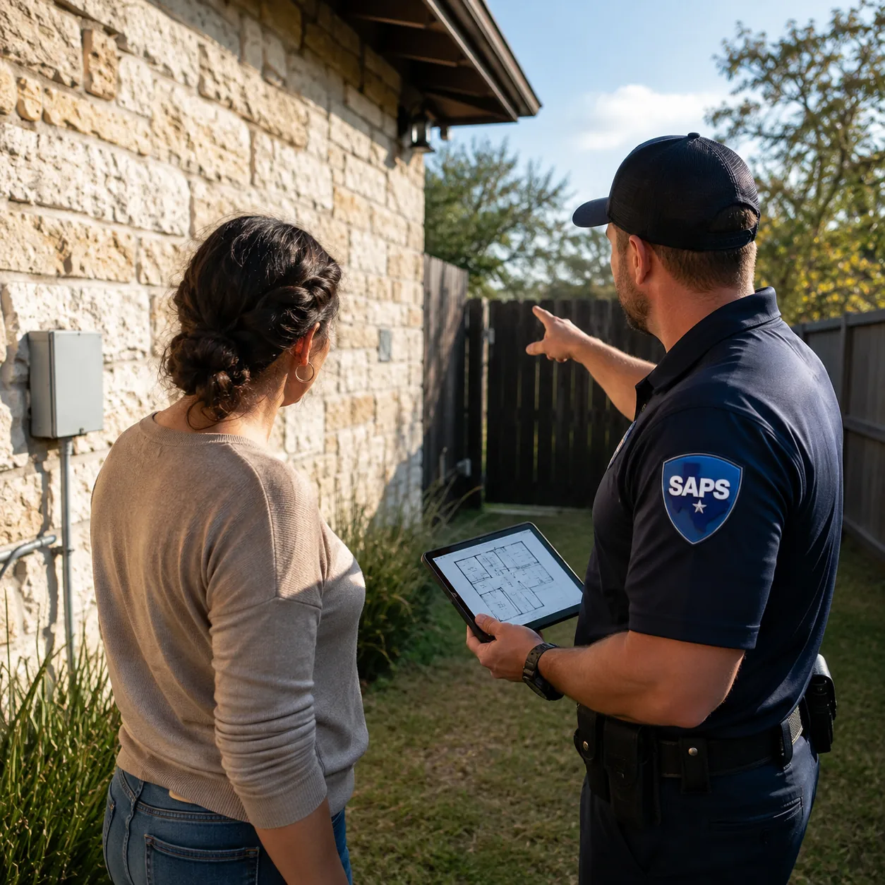 A SAPS technician walking a homeowner through her property during a free on-site security survey, pointing out a sightline while holding a tablet showing her floor plan