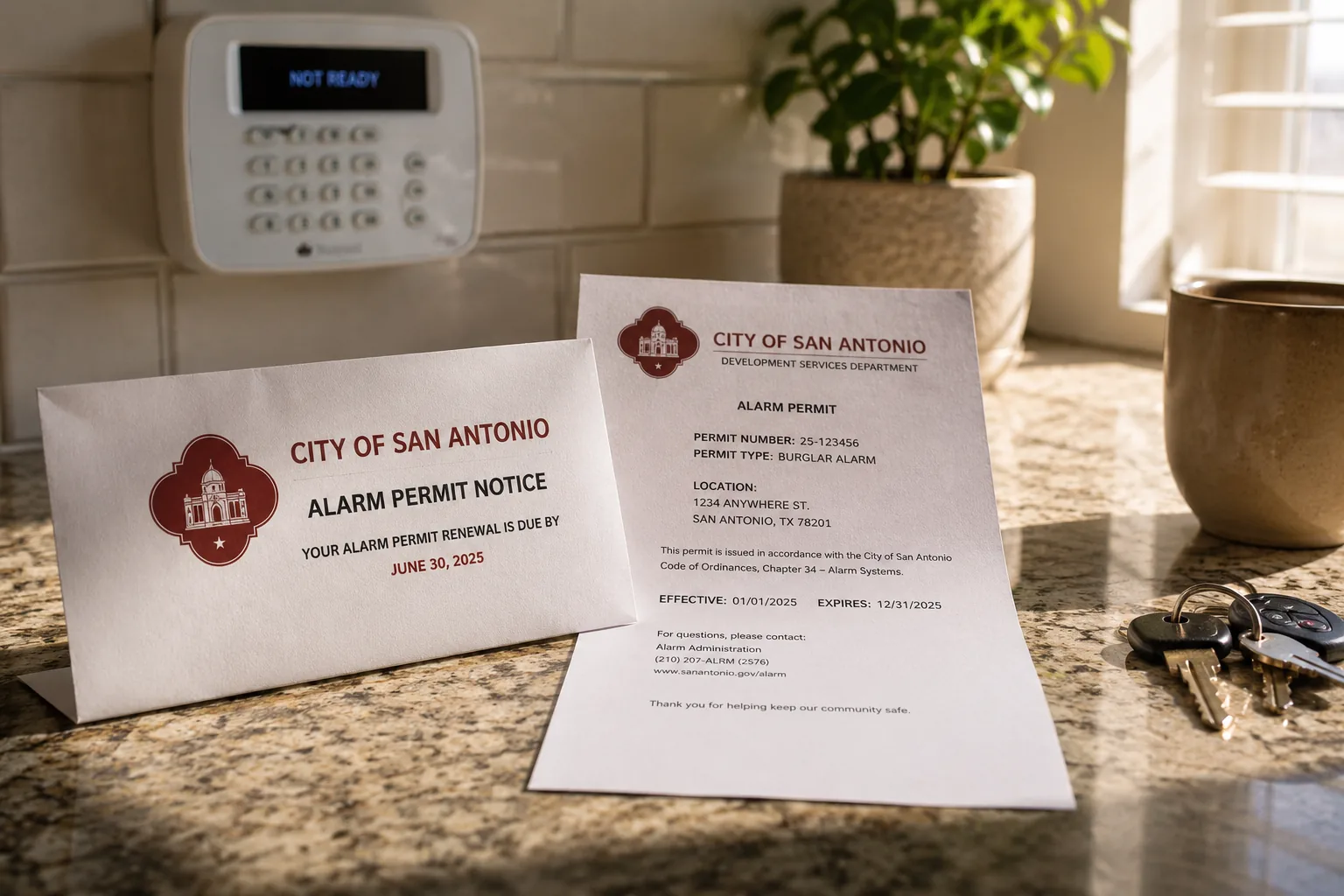 City of San Antonio alarm permit notice on a kitchen counter beside a keypad