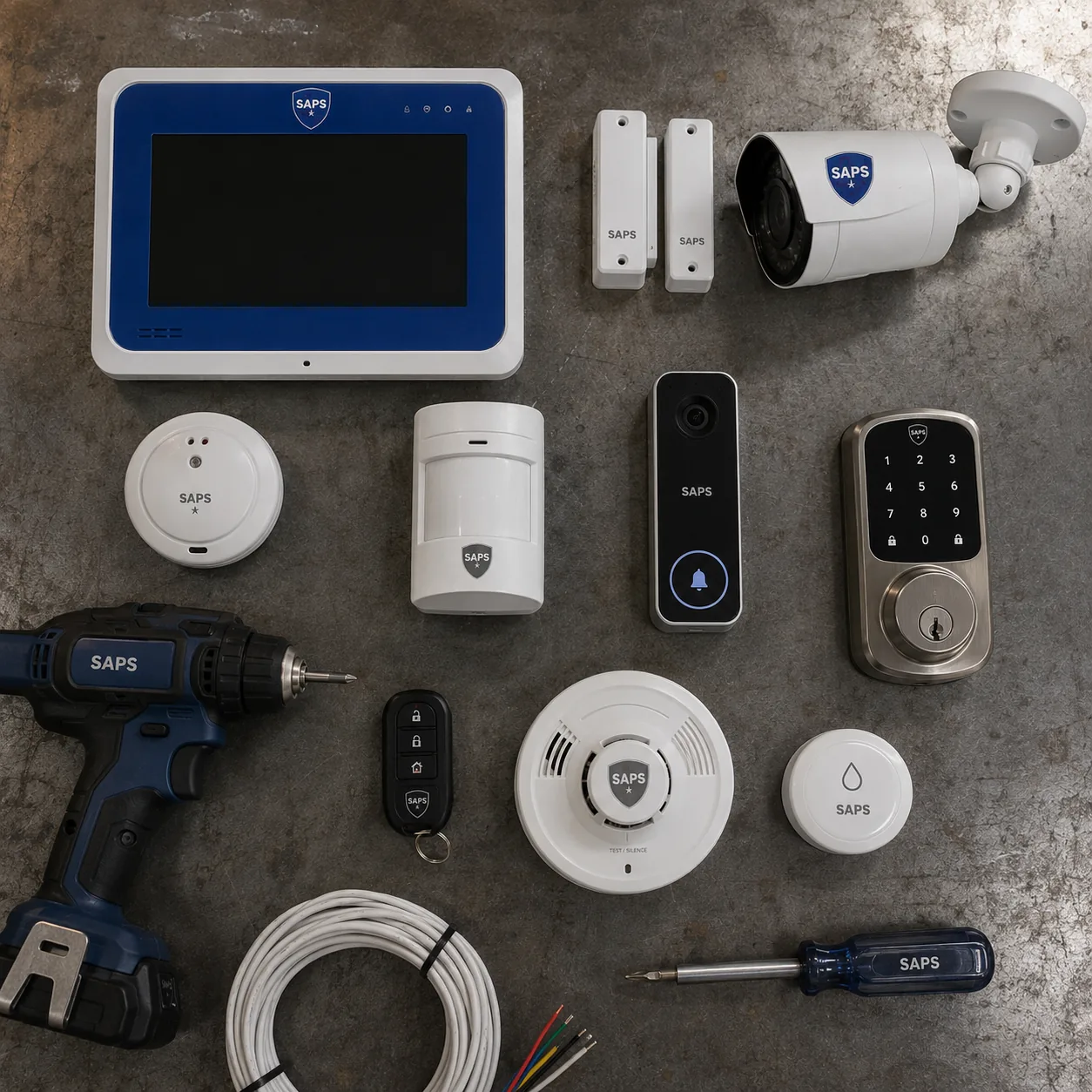 The full family of SAPS security hardware laid out on a technician's workbench
