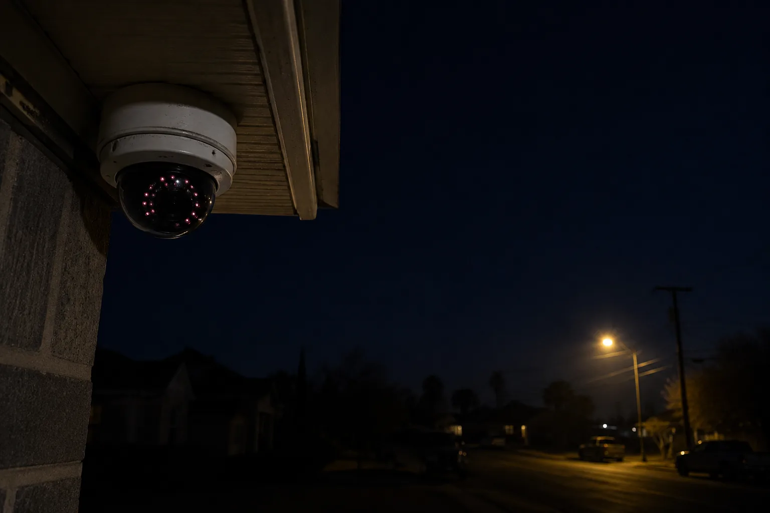 Security camera mounted under an eave illuminated only by ambient night light